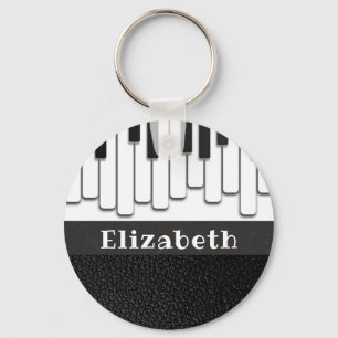 Trendy Piano Keys and Faux Black Leather Monogram Keychain