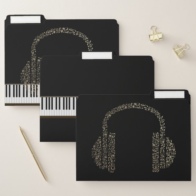 Trendy Piano Music, Headphone, Gold, Black File Folder (Set)