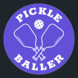 Trendy Pickle Baller Electric Blue Classic Round Sticker<br><div class="desc">Trendy pickleball round sticker featuring a custom "PICKLE BALLER" logo of two paddles and a ball bounded by the mug's header phrase. Great embellishment to cards, gifts and more. Fun gift idea for birthdays, Mother's Day, Father's Day, anniversary, any day really! Available in a curated selection of energetic modern colors....</div>