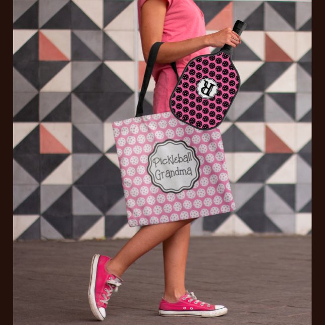Trendy Pickleball Black & Pink 3 letter Monogram Tote Bag (Other styles and colors available.)