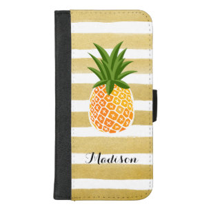Trendy Pineapple Monogram Name in Gold Striped iPhone 8/7 Plus Wallet Case