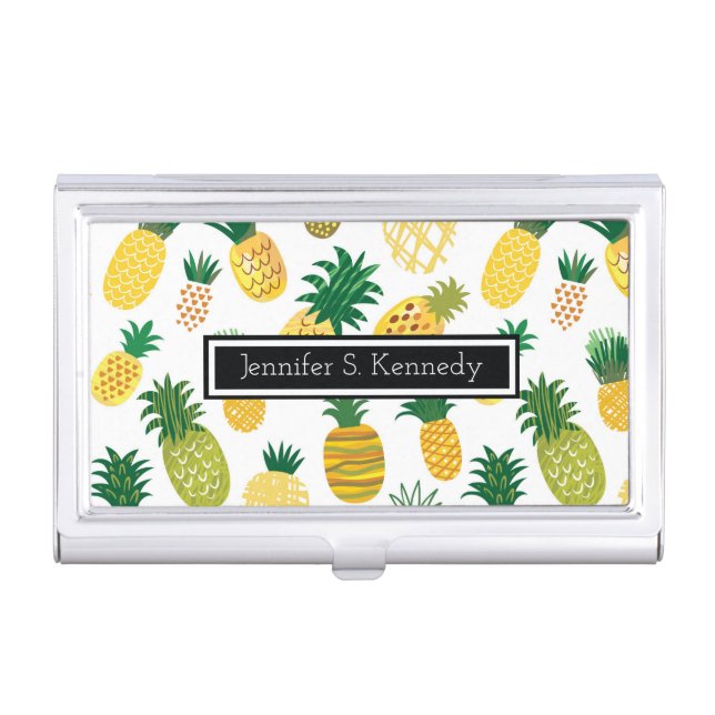 Trendy Pineapple Pattern | Add Your Name Business Card Case (Front)