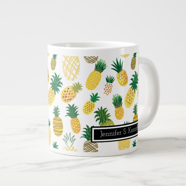 Trendy Pineapple Pattern | Add Your Name Large Coffee Mug (Front Right)