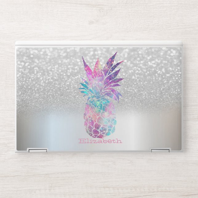 Trendy Pineapple, Silver Glitter Bokeh HP Laptop Skin (Front)