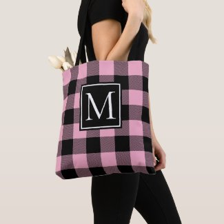 Trendy Pink and Black Buffalo Plaid Monogram Tote Bag