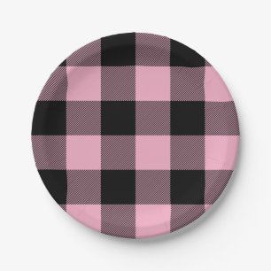 Trendy Pink and Black Buffalo Plaid Paper Plates