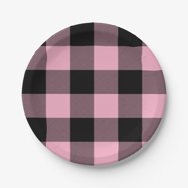 Trendy Pink and Black Buffalo Plaid Paper Plates (Front)