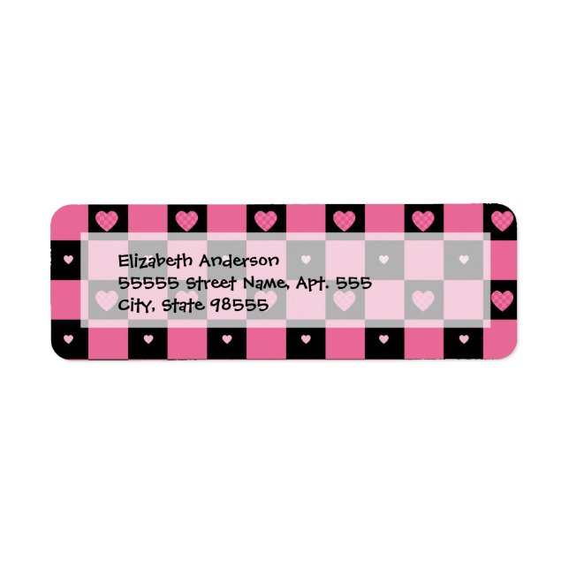 Trendy Pink and Black Checkered Hearts Label (Front)