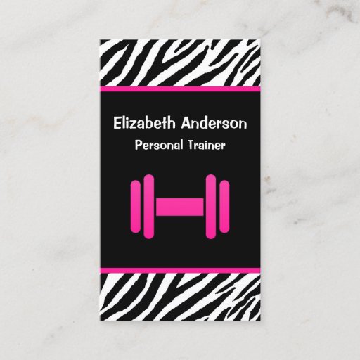 Customizable Trendy Pink and Black Dumbbell Personal Trainer Business Card Templates