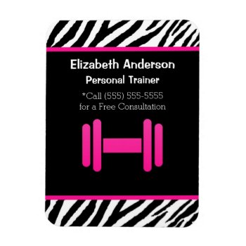 Trendy Pink And Black Dumbbell Personal Trainer Magnet by GirlyBusinessCards at Zazzle