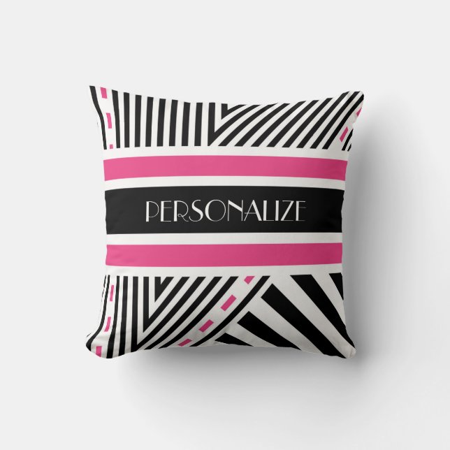 Trendy Pink and Black Geometric Stripes With Name Throw Pillow (Front)