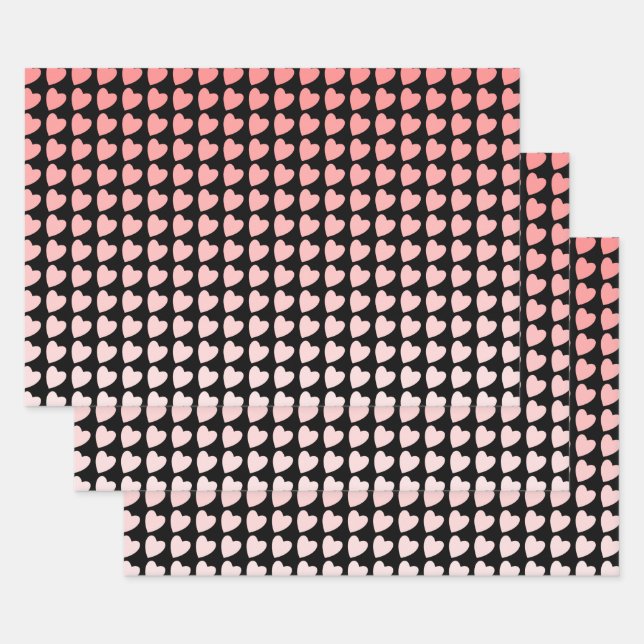 Trendy Pink and Black Heart Pattern Gradient Wrapping Paper Sheets (Set)