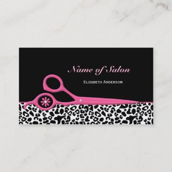 Trendy Pink And Black Leopard Hair Salon Scissors Business Card by PhotographyTKDesigns at Zazzle