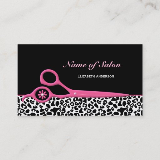 Customizable Trendy Pink and Black Leopard Hair Salon Scissors Business Card Template