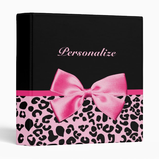 Trendy Pink And Black Leopard Hot Pink Ribbon 3 Ring Binder (Front/Spine)