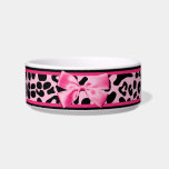 Trendy Pink And Black Leopard Hot Pink Ribbon Bowl<br><div class="desc">A trendy and stylish pink and black leopard print cat bowl with a cute hot pink ribbon bow wrapped like a present. Personalize this chic pet dish by adding your pet kitty's name. Perfect animal pattern designer women's fashion to bring out the fashionista in any teen girly girl's kitten!</div>