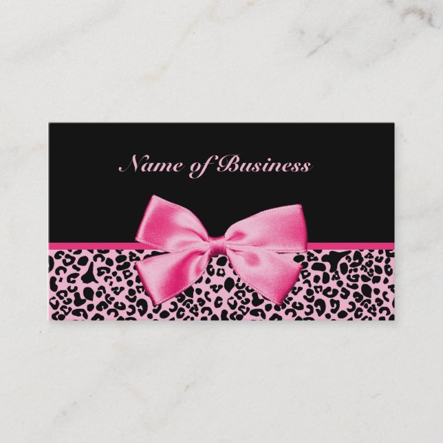 Trendy Pink And Black Leopard Hot Pink Ribbon Business Card (Front)