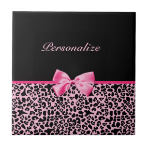 Trendy Pink And Black Leopard Hot Pink Ribbon Ceramic Tile