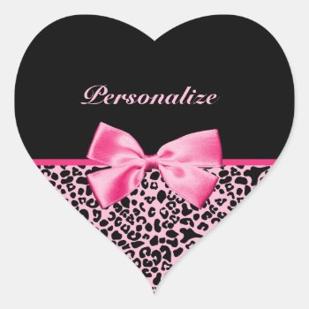 Trendy Pink And Black Leopard Hot Pink Ribbon Heart Sticker by PhotographyTKDesigns at Zazzle