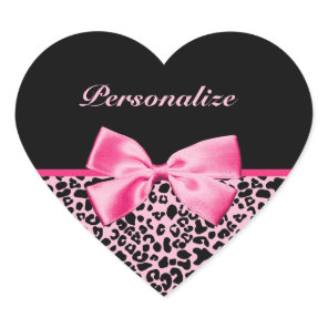 Trendy Pink And Black Leopard Hot Pink Ribbon Heart Sticker