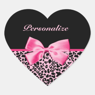 Trendy Pink And Black Leopard Hot Pink Ribbon Heart Sticker