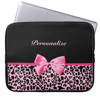 Trendy Pink And Black Leopard Hot Pink Ribbon Laptop Sleeve