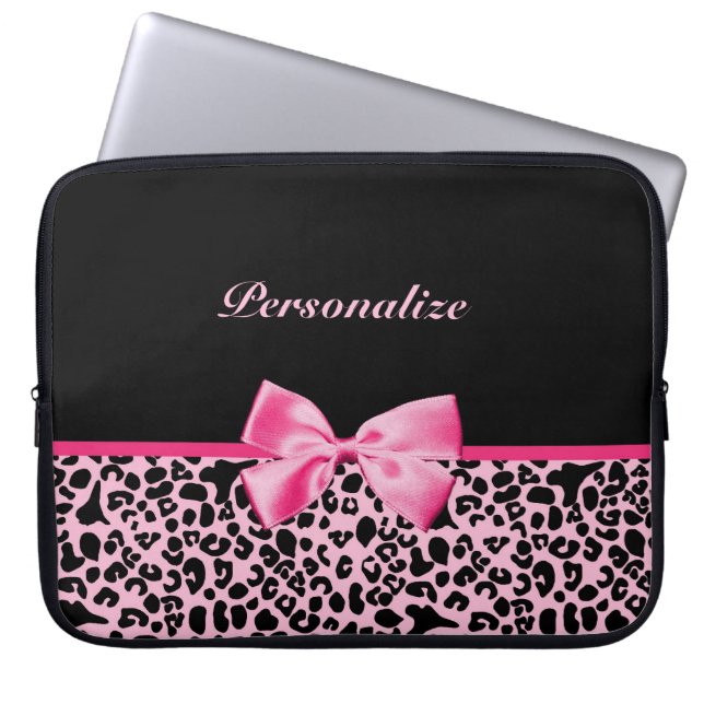 Trendy Pink And Black Leopard Hot Pink Ribbon Laptop Sleeve (Front)