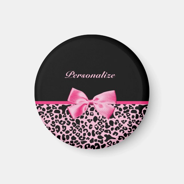 Trendy Pink And Black Leopard Hot Pink Ribbon Magnet (Front)
