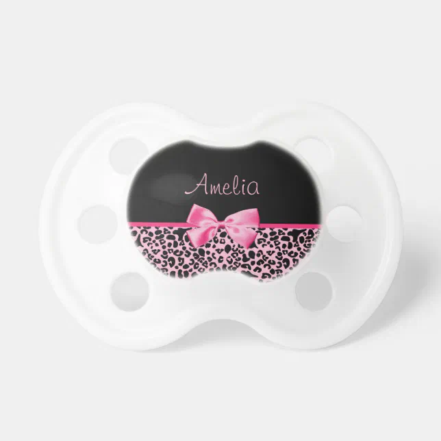 Trendy Pink And Black Leopard Hot Pink Ribbon Pacifier | Zazzle