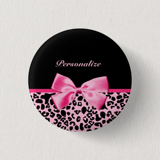 Trendy Pink And Black Leopard Hot Pink Ribbon Pinback Button (Front)