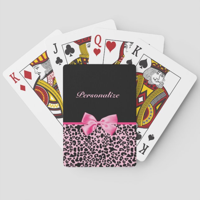 Trendy Pink And Black Leopard Hot Pink Ribbon Poker Cards (Back)