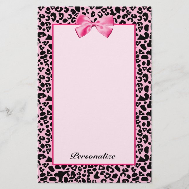 Trendy Pink And Black Leopard Hot Pink Ribbon Stationery (Front)