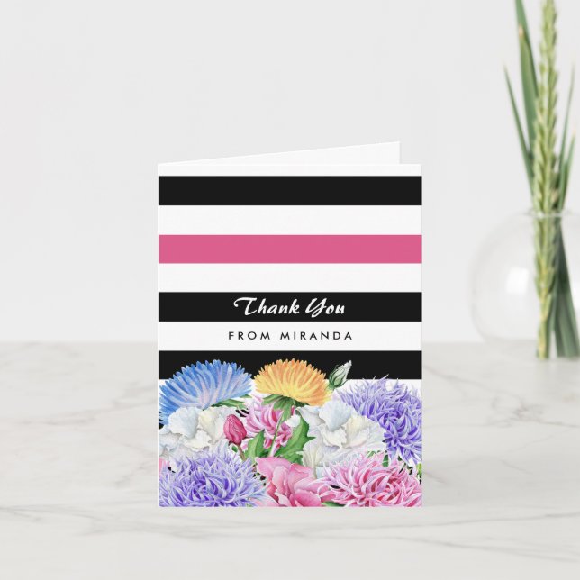 Trendy Pink and Black Stripes Floral Thank You (Front)