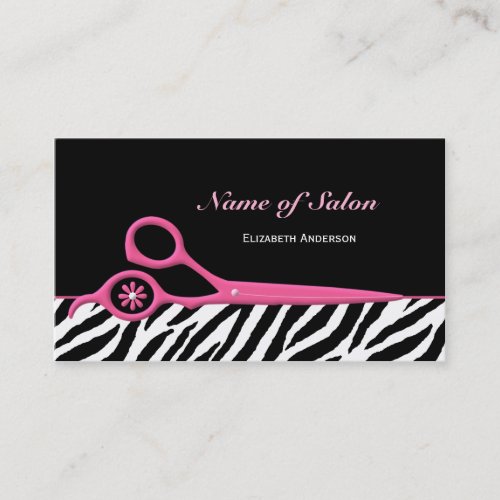 Trendy Pink and Black Zebra Hair Salon Scissors Business Card Template