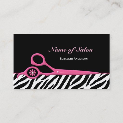 Customizable Trendy Pink and Black Zebra Hair Salon Scissors Business Card Template