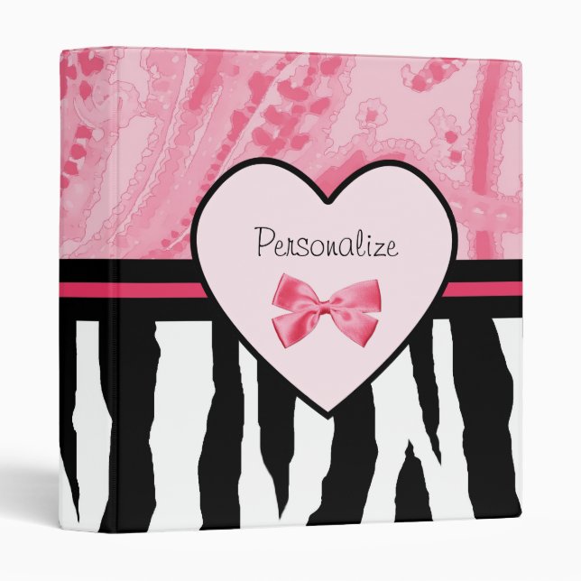 Trendy Pink and Black Zebra Pattern Bow and Name 3 Ring Binder (Front/Spine)