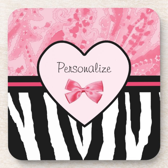 Trendy Pink and Black Zebra Pattern Bow and Name Beverage Coaster (Front)