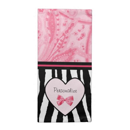 Trendy Pink and Black Zebra Pattern Bow and Name Cloth Napkin