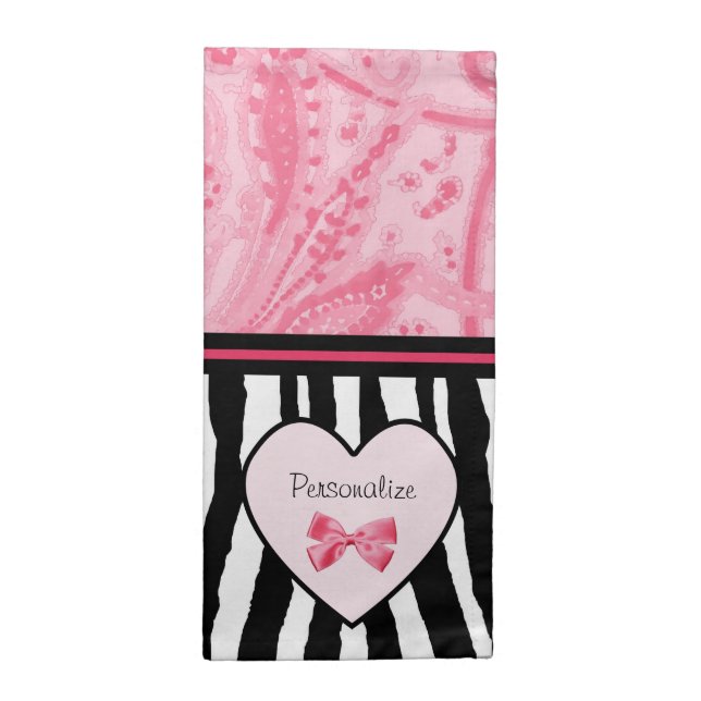 Trendy Pink and Black Zebra Pattern Bow and Name Cloth Napkin (Half Fold)