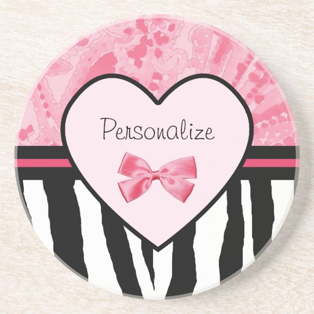 Trendy Pink and Black Zebra Pattern Bow and Name Drink Coaster (Front)