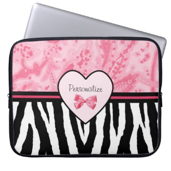 Trendy Pink And Black Zebra Pattern Bow And Name Laptop Sleeve by PhotographyTKDesigns at Zazzle