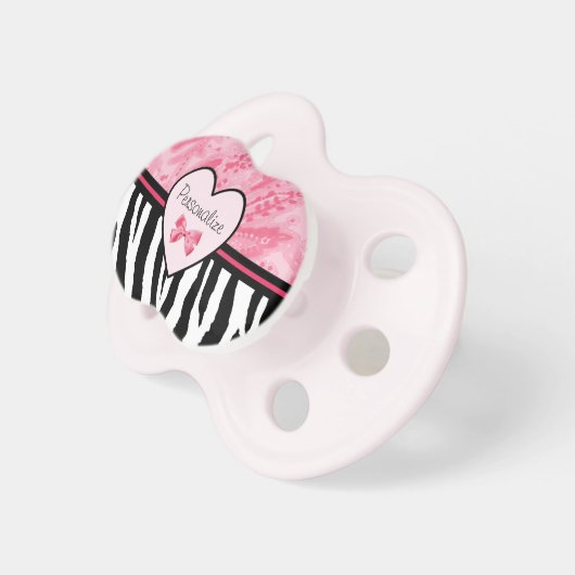Trendy Pink and Black Zebra Pattern Bow and Name Pacifier (Front Right)