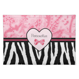 Trendy Pink and Black Zebra Pattern Bow and Name Placemat