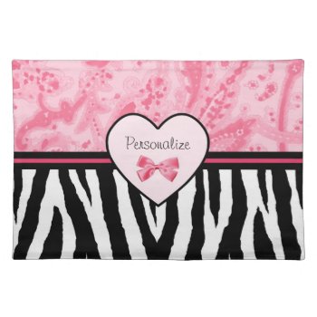 Trendy Pink And Black Zebra Pattern Bow And Name Placemat by PhotographyTKDesigns at Zazzle