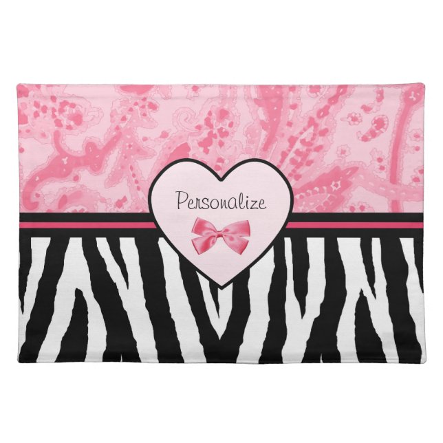 Trendy Pink and Black Zebra Pattern Bow and Name Placemat (Front)