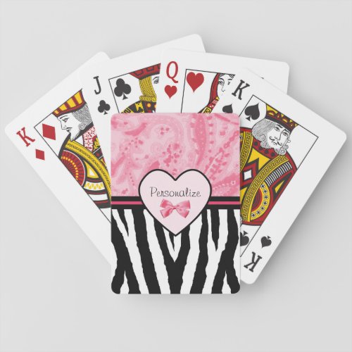 Trendy Pink and Black Zebra Pattern Bow and Name Poker Cards