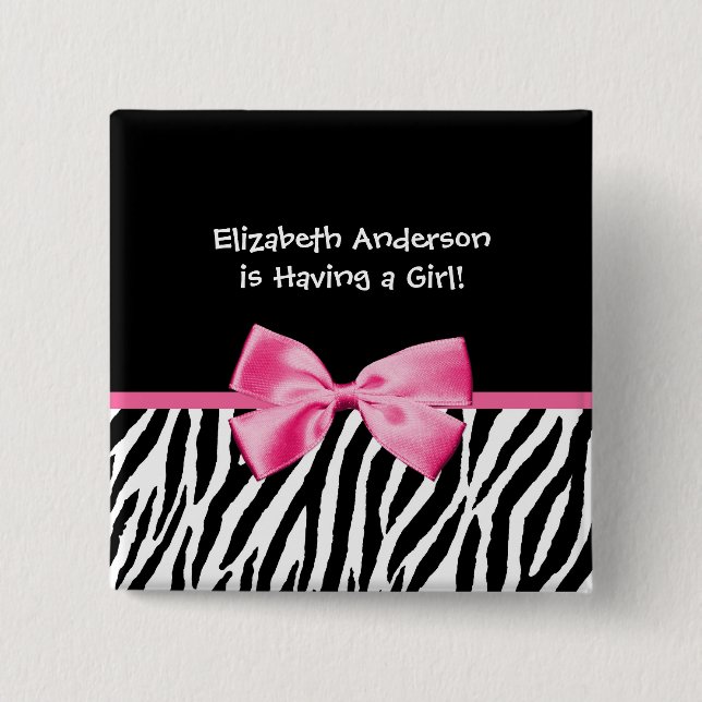 Trendy Pink And Black Zebra Print Girl Baby Shower Button (Front)