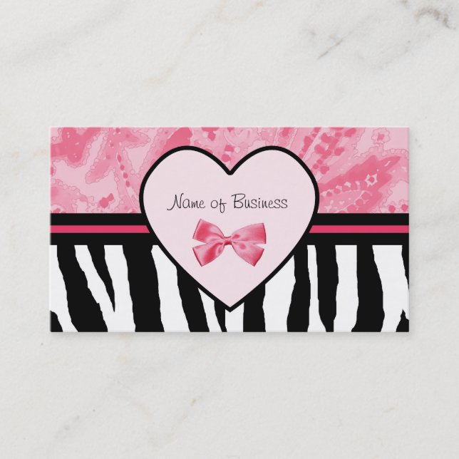 Trendy Pink And Black Zebra Print With Ribbon Business Card (Front)