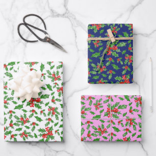 Trendy Pink and Blue Christmas Holly Pattern Wrapping Paper Sheets