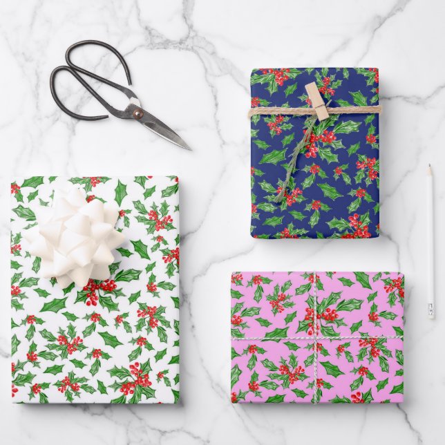Trendy Pink and Blue Christmas Holly Pattern Wrapping Paper Sheets (Front)